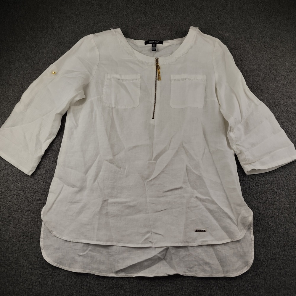 Ellen Tracy Linen Top Sz Large 1/4 Zip White Roll Tab Sleeve EUC